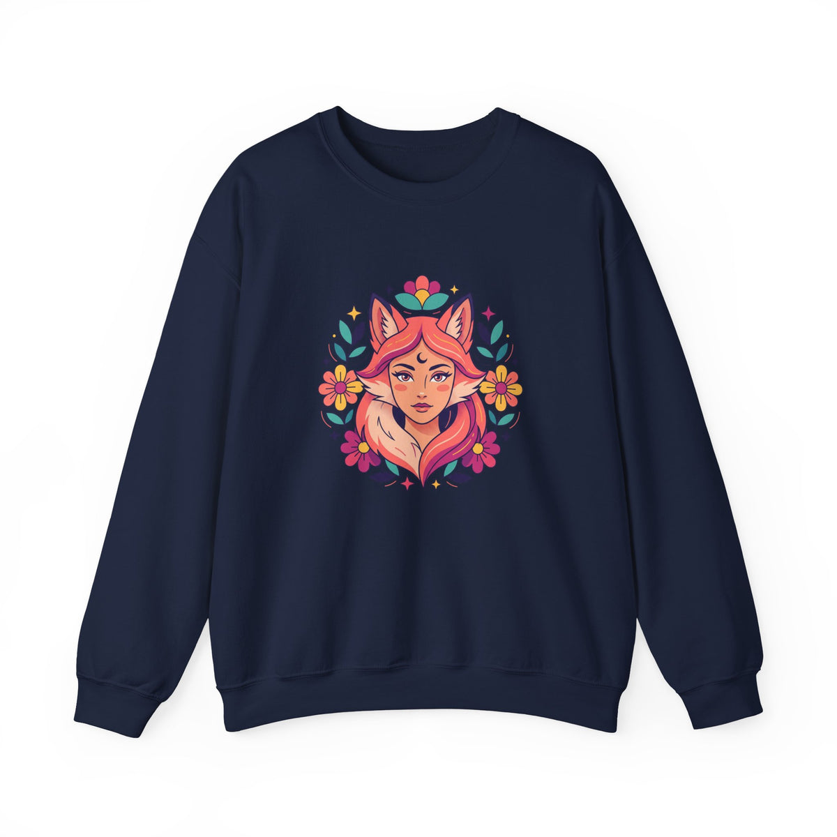 Fox Spirit Crewneck Sweatshirt — Floral Fox Woman Illustration