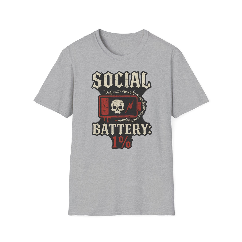 Social Battery Unisex T‑Shirt — Skull Low Battery Graphic Tee