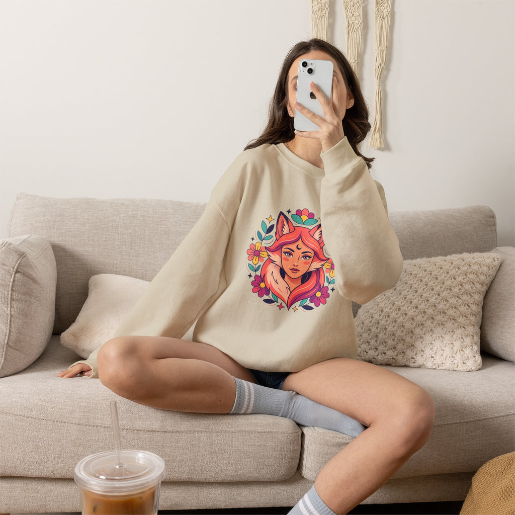 Fox Spirit Crewneck Sweatshirt — Floral Fox Woman Illustration