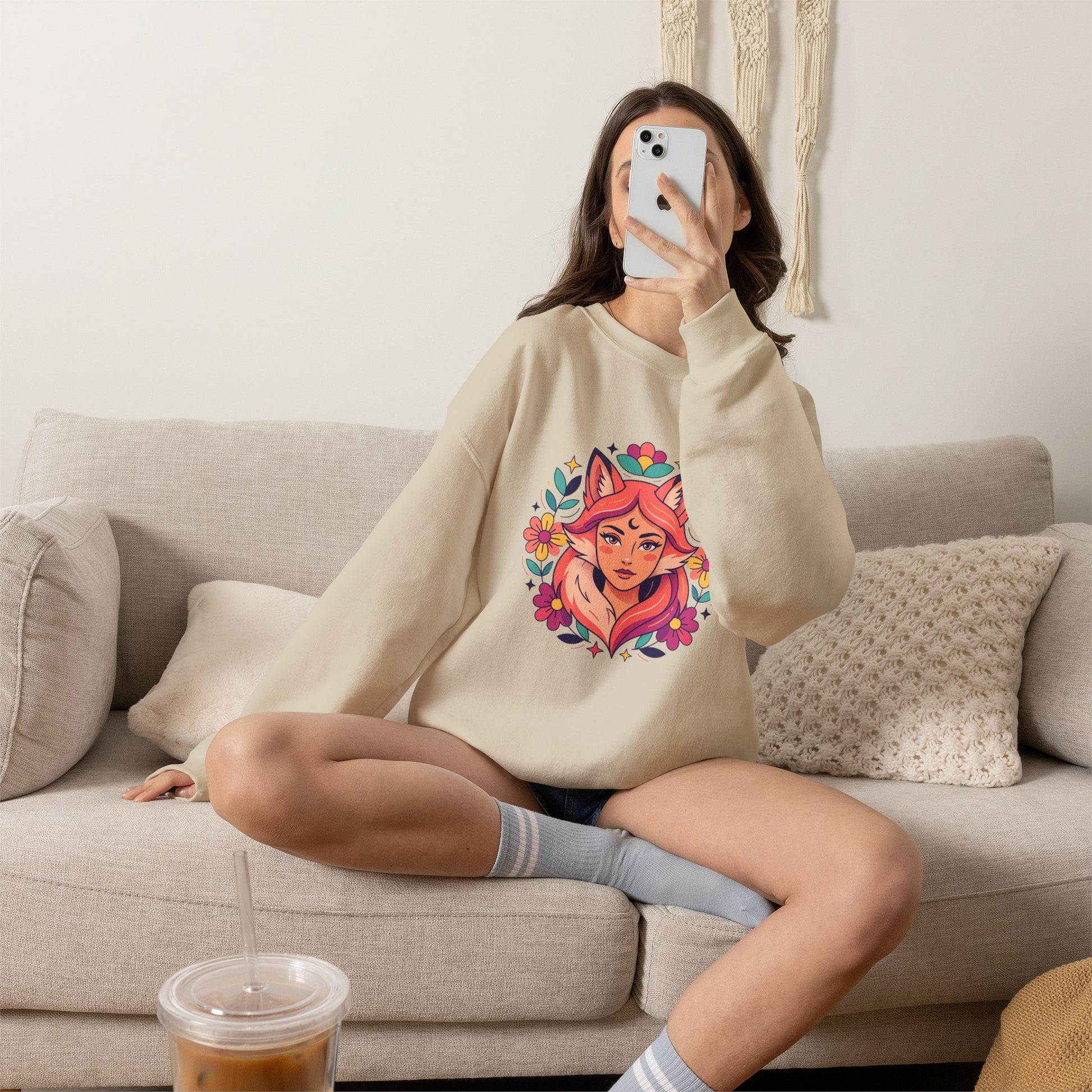 Fox Spirit Crewneck Sweatshirt — Floral Fox Woman Illustration