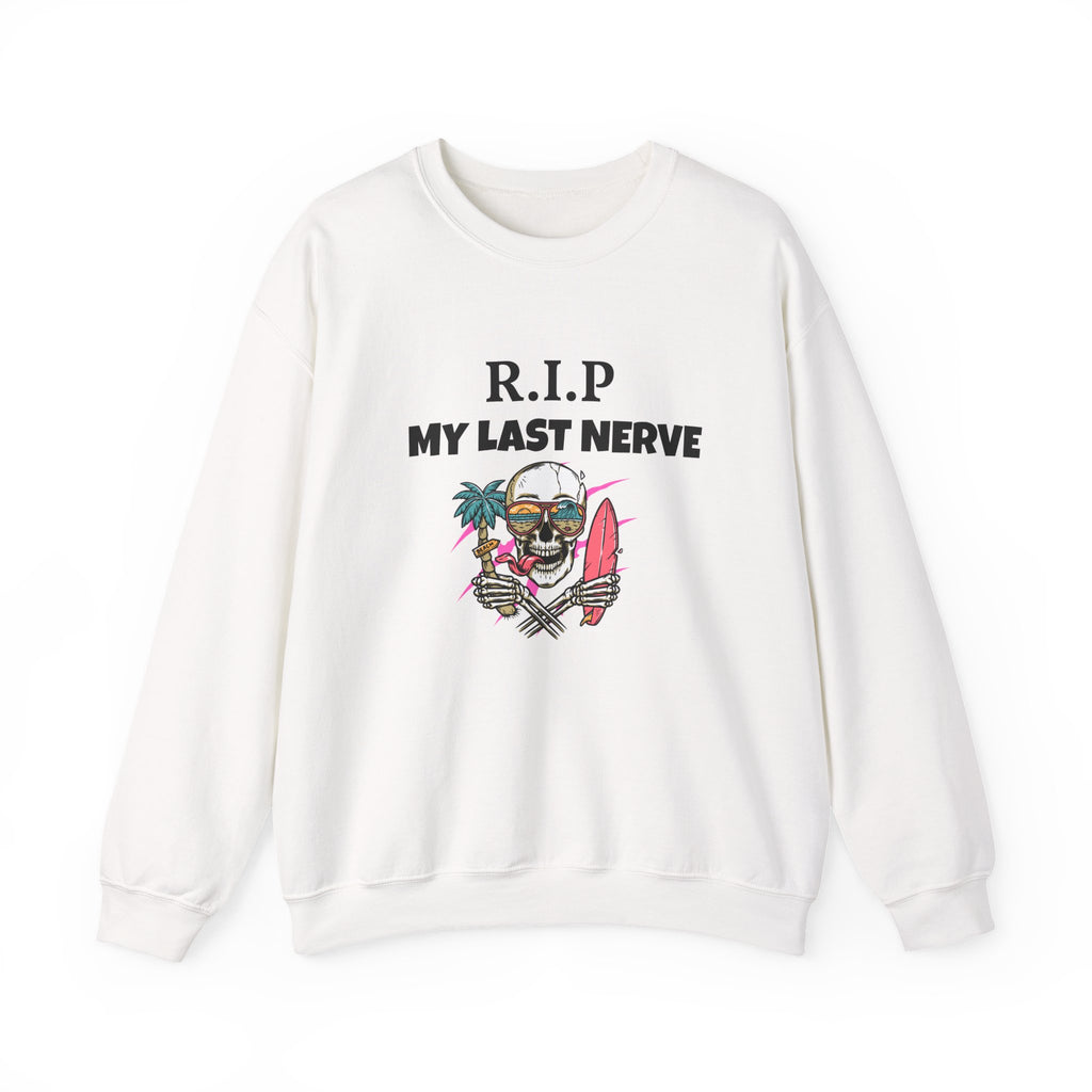 Sweatshirt — "R.I.P My Last Nerve" Skull Surf Graphic Crewneck