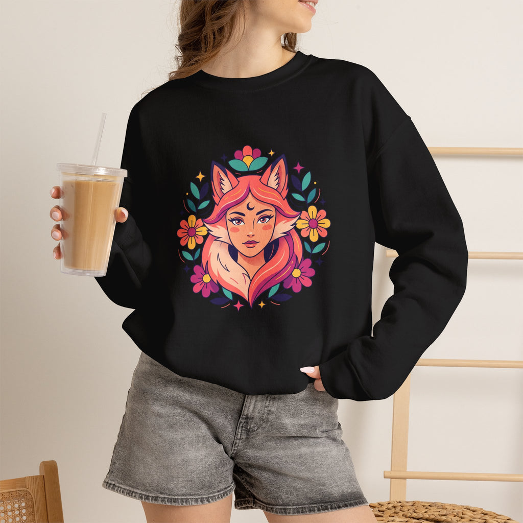 Fox Spirit Crewneck Sweatshirt — Floral Fox Woman Illustration