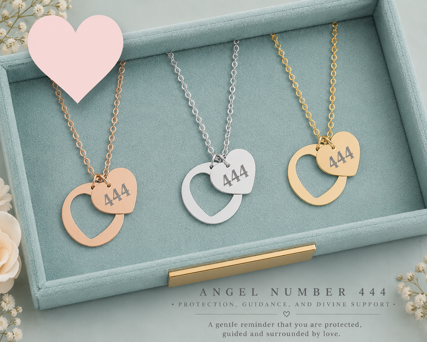 444 Angel Number Protection Necklace – Engraved Heart Cutout Pendant in Silver Stainless Steel, Rose Gold & Gold
