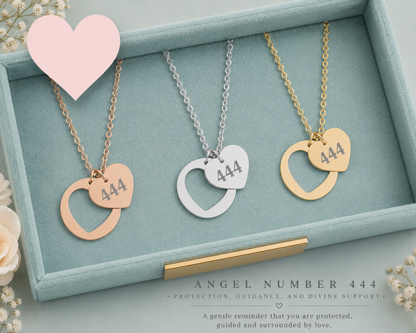 444 Angel Number Protection Necklace – Engraved Heart Cutout Pendant in Silver Stainless Steel, Rose Gold & Gold