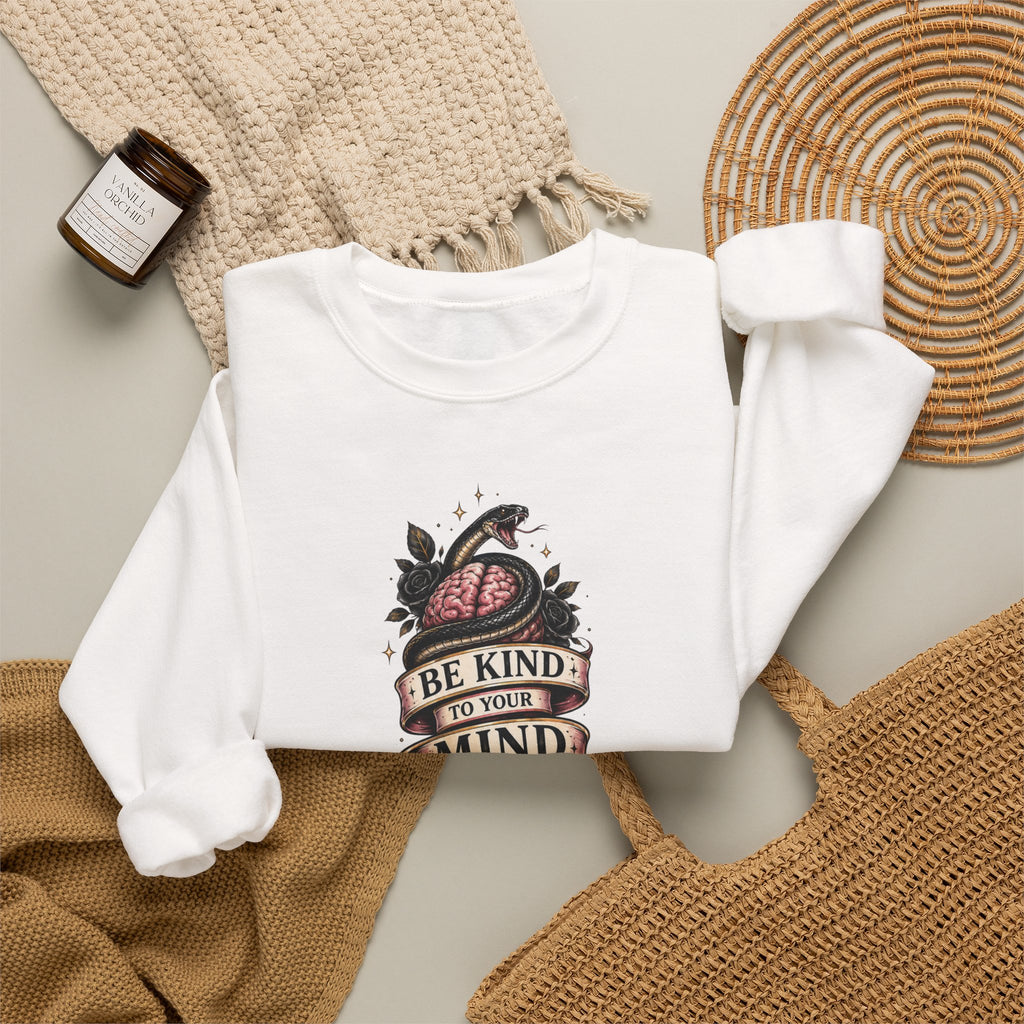 "Be Kind to Your Mind" Floral Tattoo Mental Health Design Crewneck Sweatshirt