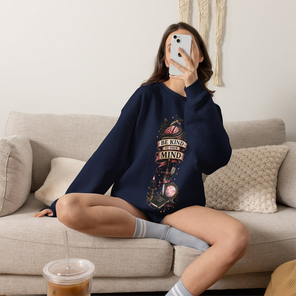 "Be Kind to Your Mind" Floral Tattoo Mental Health Design Crewneck Sweatshirt