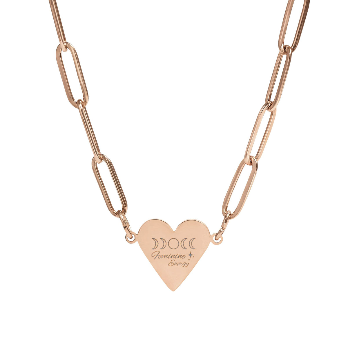 Feminine Energy Paperclip Heart Necklace – Moon Phase Necklace, Celestial Jewellery, Spiritual Gift, Divine Feminine Pendant, Gold, Rose Gold & Silver