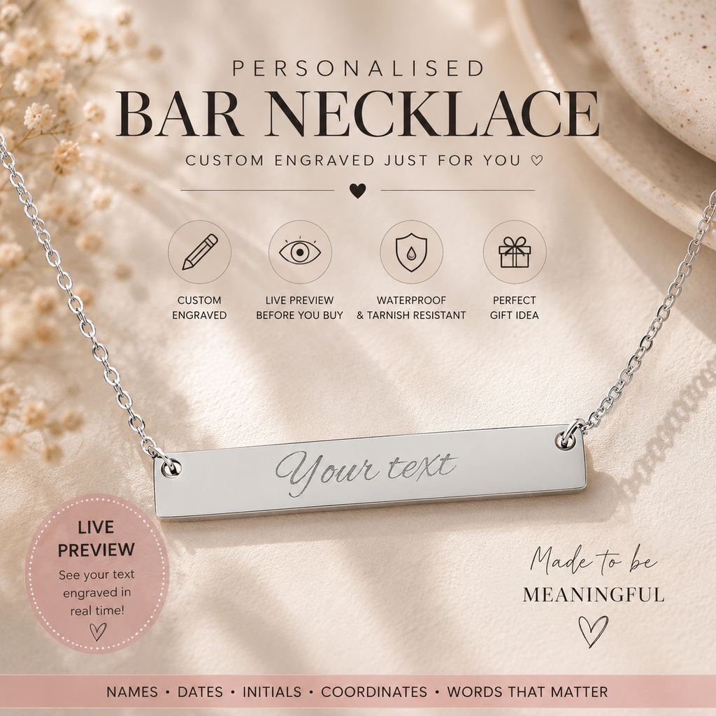 Personalised Horizontal Bar Necklace – Live Preview Custom Name Necklace | Engraved Nameplate Gift in Gold, Silver, Rose Gold & Black
