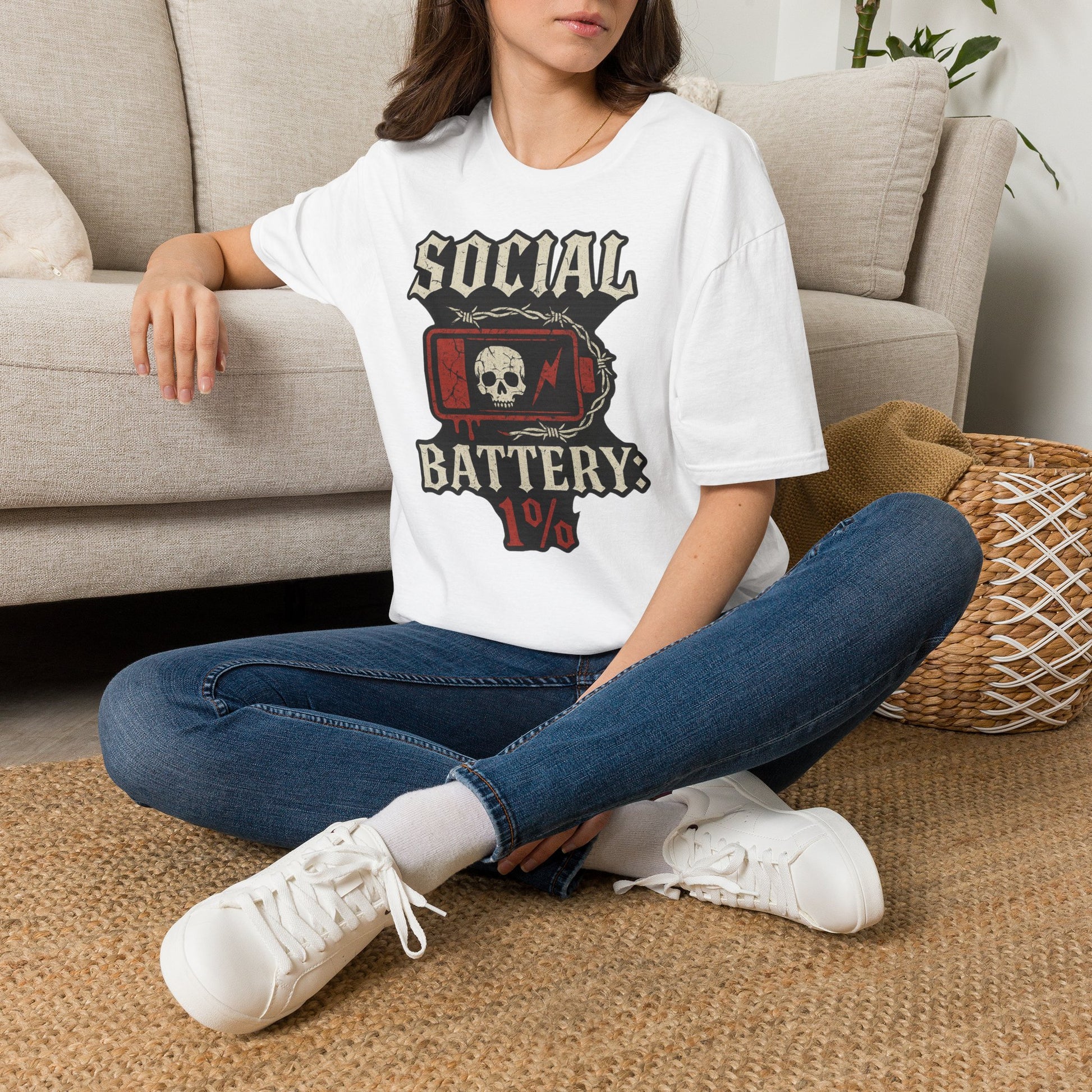 Social Battery Unisex T‑Shirt — Skull Low Battery Graphic Tee