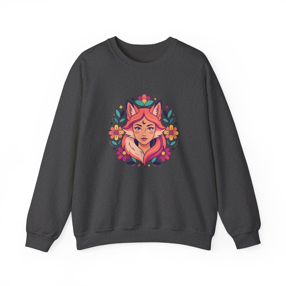 Fox Spirit Crewneck Sweatshirt — Floral Fox Woman Illustration