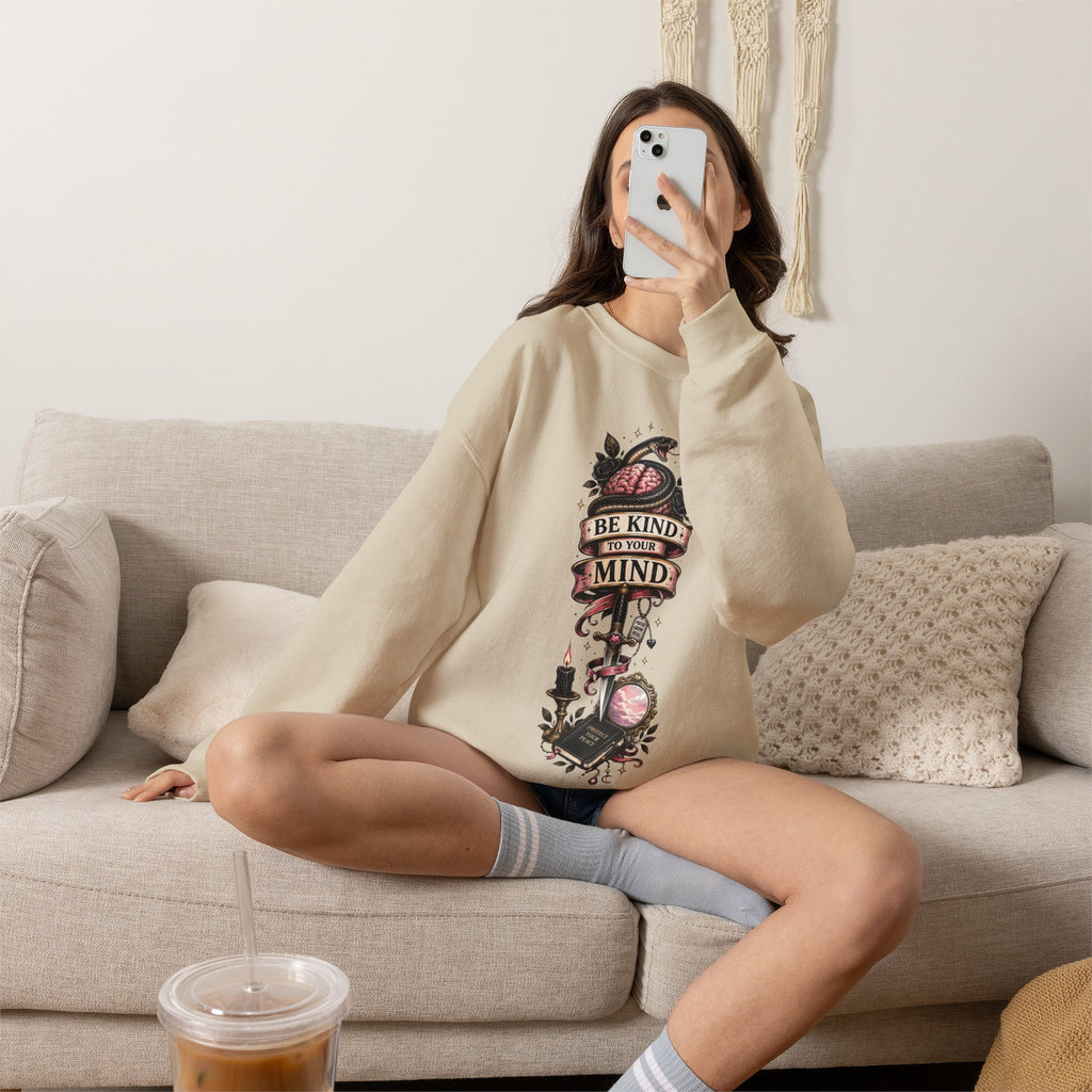 "Be Kind to Your Mind" Floral Tattoo Mental Health Design Crewneck Sweatshirt
