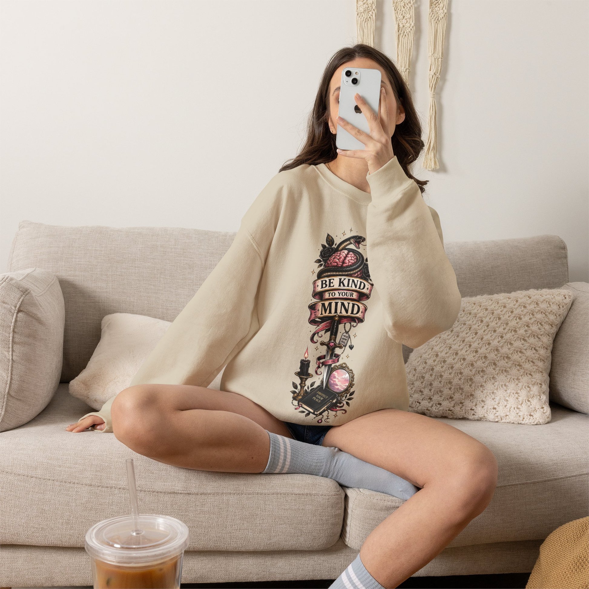 "Be Kind to Your Mind" Floral Tattoo Mental Health Design Crewneck Sweatshirt