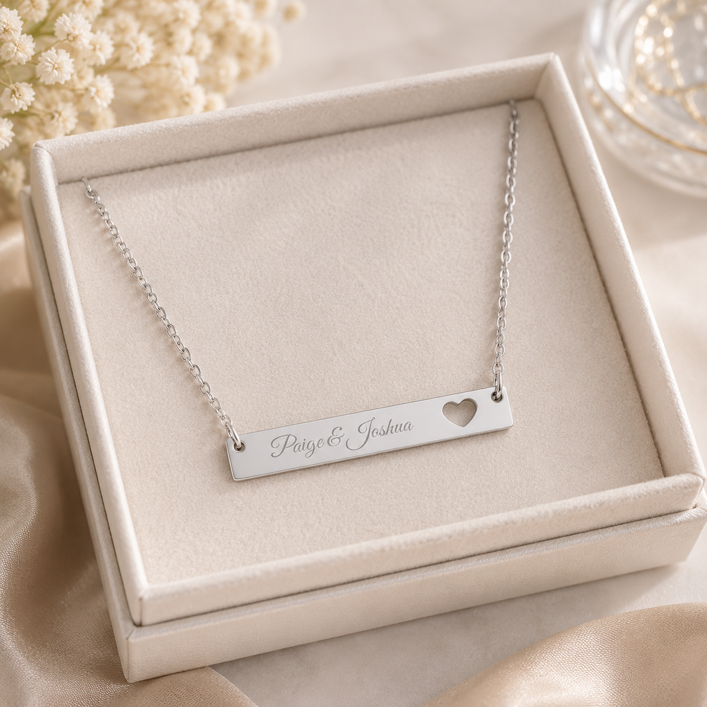 Personalised Cutout Heart Bar Necklace – Custom Name, Date or Message Engraved Necklace | Minimalist Gift for Her