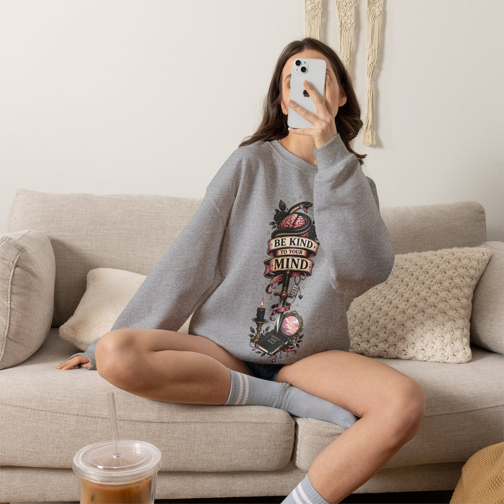"Be Kind to Your Mind" Floral Tattoo Mental Health Design Crewneck Sweatshirt