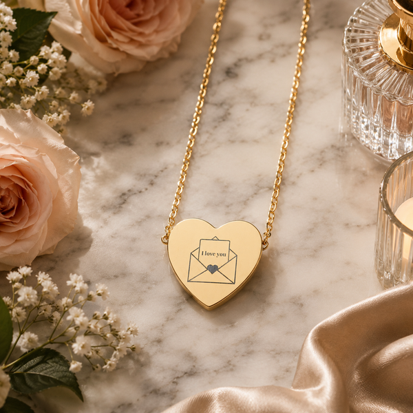 Engraved Heart Necklace Envelope Necklace — Love Letter Pendant - Meaningful Gift For Her