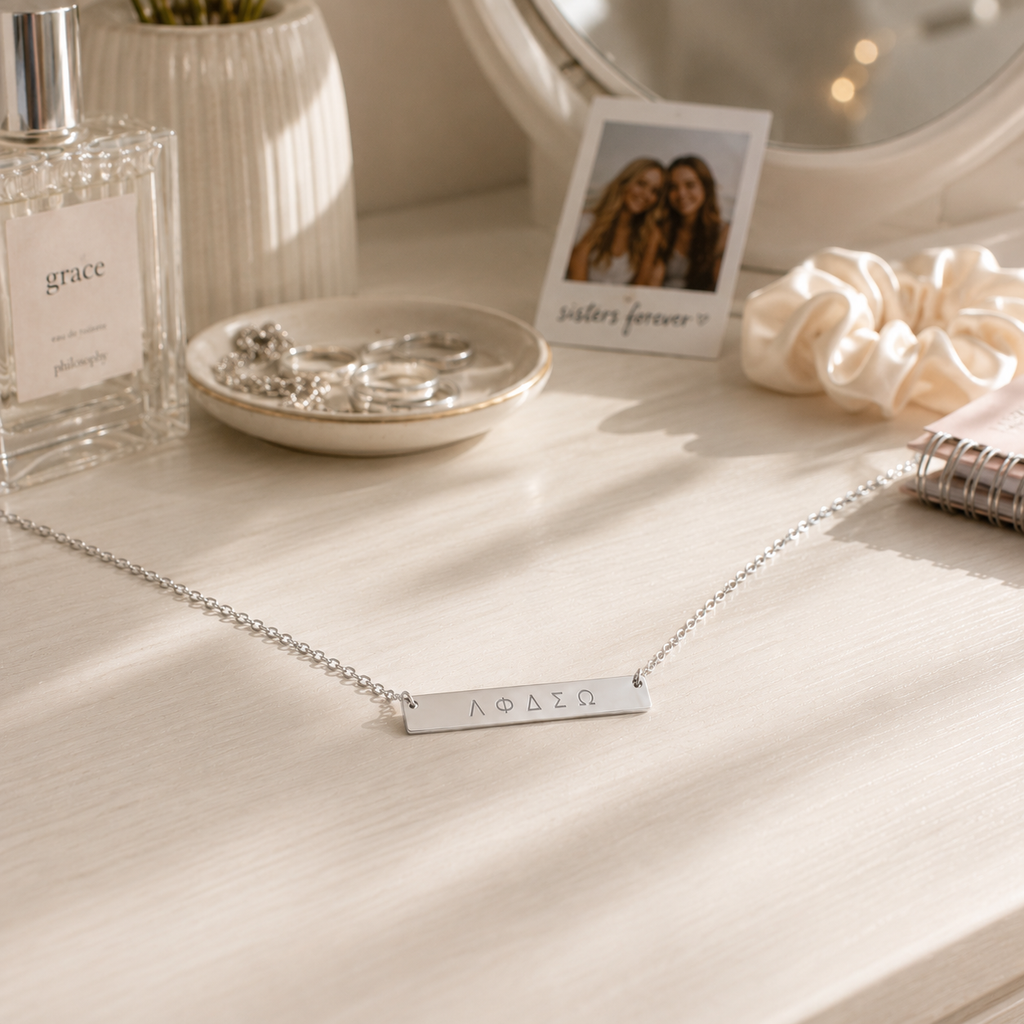 Greek Letters Bar Necklace – Sisterhood &amp; Friendship Gift | Minimalist Sorority Jewellery