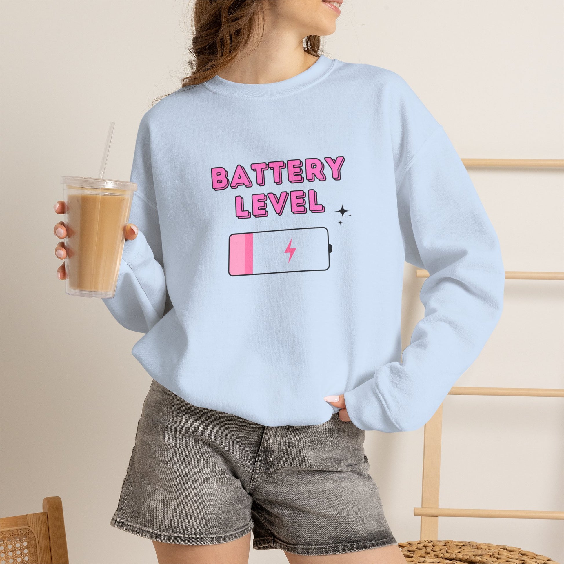 Battery Level Crewneck Sweatshirt — Cute Pink Low Battery Graphic