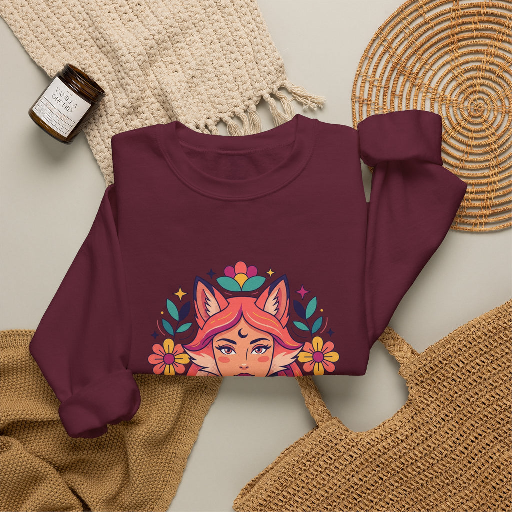 Fox Spirit Crewneck Sweatshirt — Floral Fox Woman Illustration