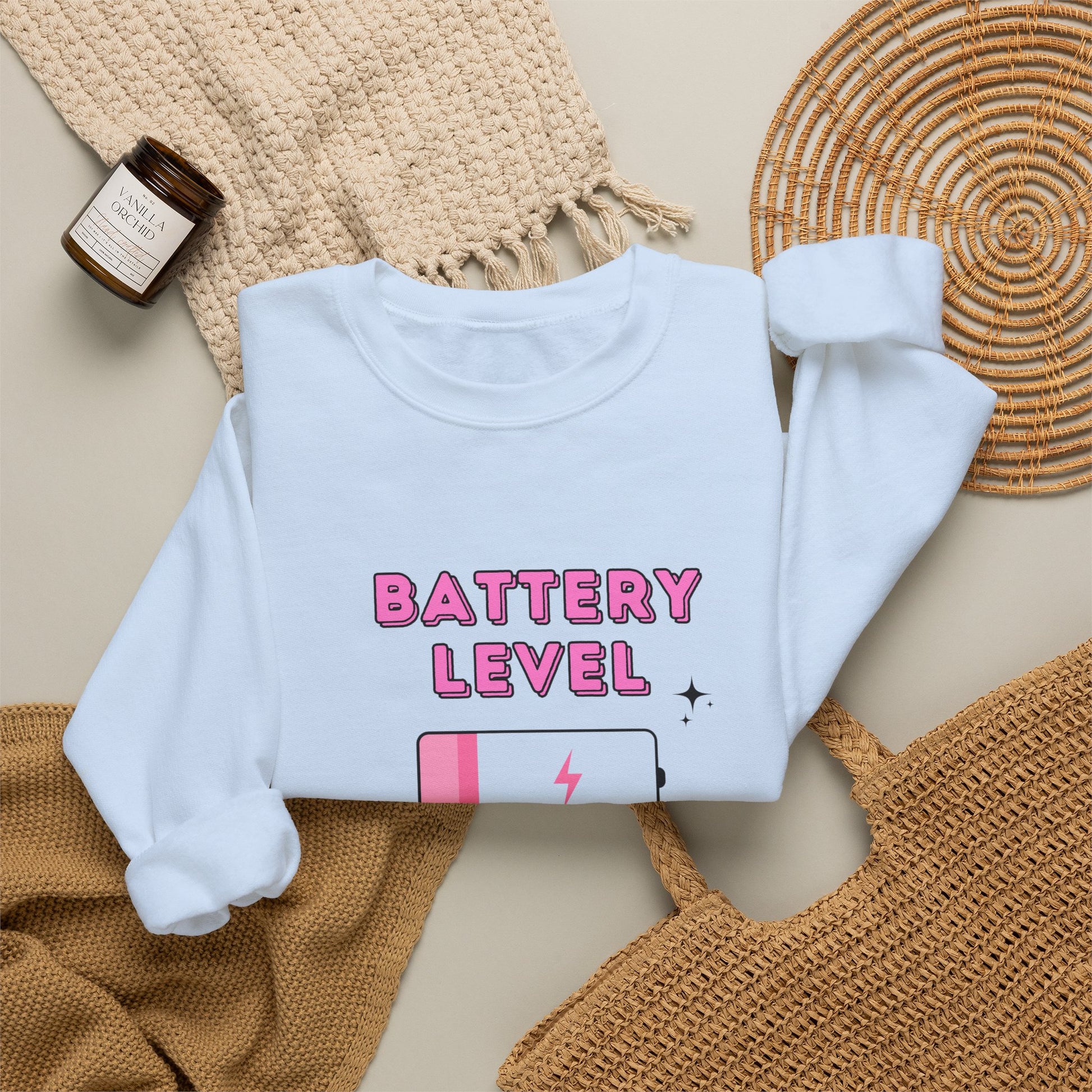 Battery Level Crewneck Sweatshirt — Cute Pink Low Battery Graphic