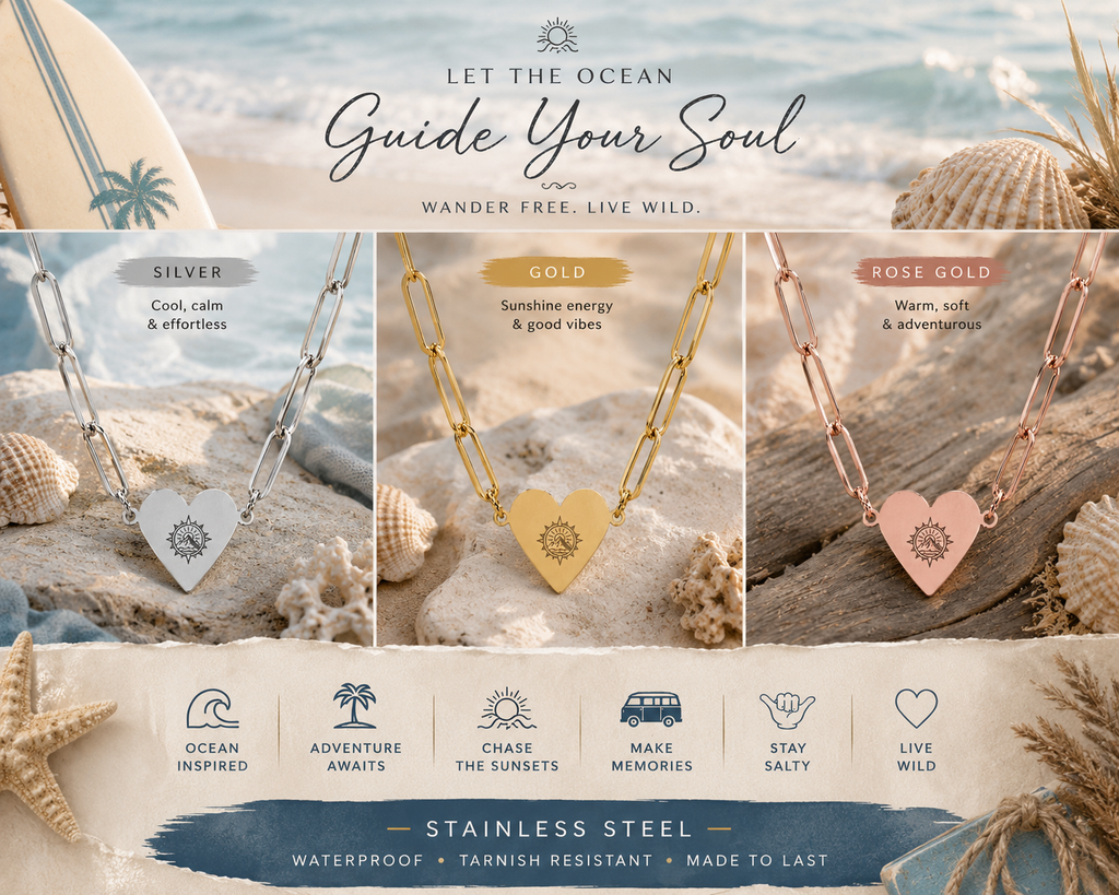 Wander Without Fear Paperclip Heart Necklace – Wanderlust Gift, Travel Lover Necklace, Ocean Inspired Jewellery, Adventure Heart Pendant, Gold, Rose Gold & Silver