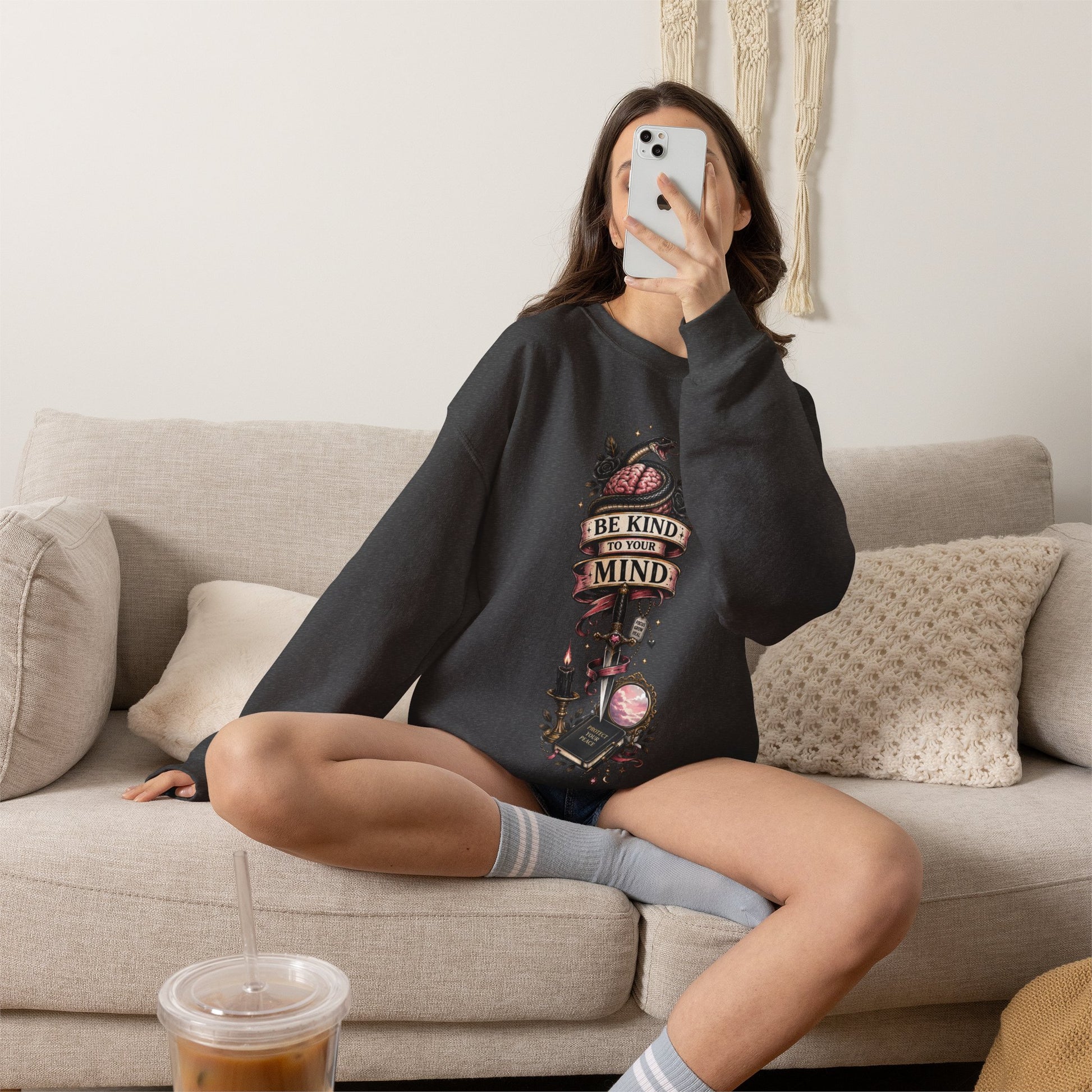 "Be Kind to Your Mind" Floral Tattoo Mental Health Design Crewneck Sweatshirt