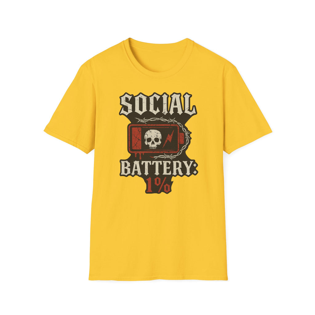 Social Battery Unisex T‑Shirt — Skull Low Battery Graphic Tee
