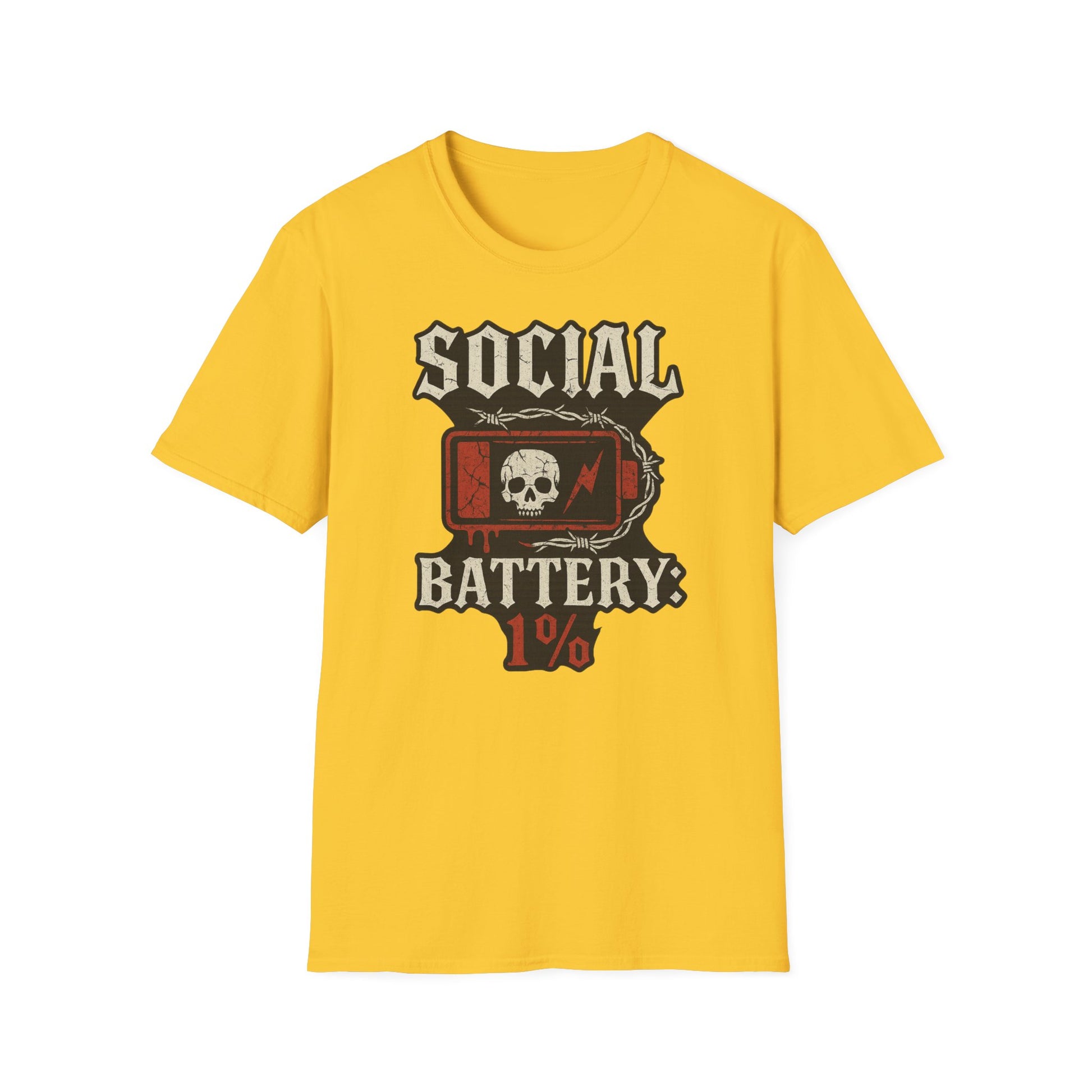 Social Battery Unisex T‑Shirt — Skull Low Battery Graphic Tee