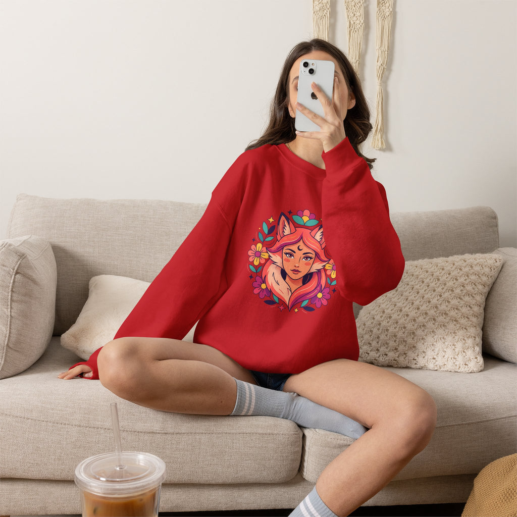 Fox Spirit Crewneck Sweatshirt — Floral Fox Woman Illustration