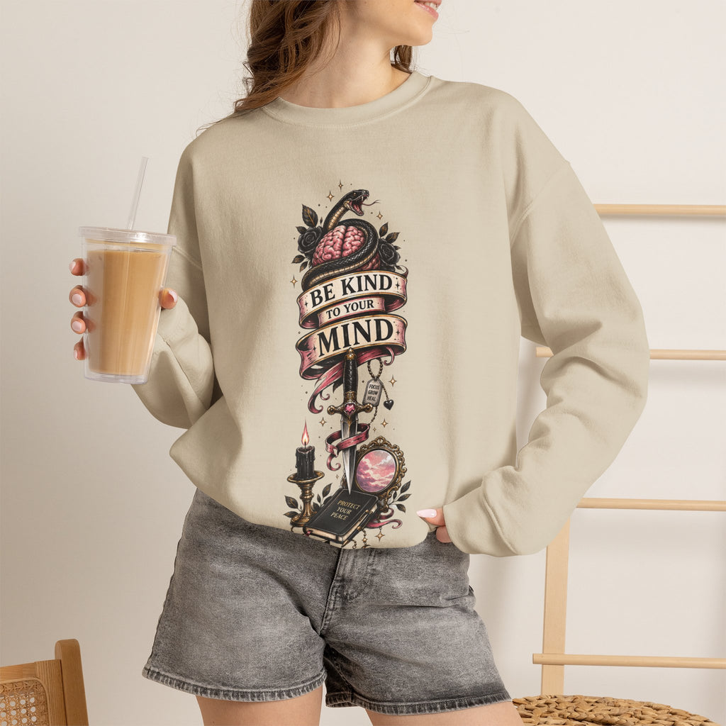 "Be Kind to Your Mind" Floral Tattoo Mental Health Design Crewneck Sweatshirt