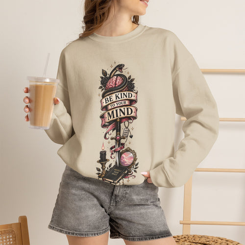 "Be Kind to Your Mind" Floral Tattoo Mental Health Design Crewneck Sweatshirt
