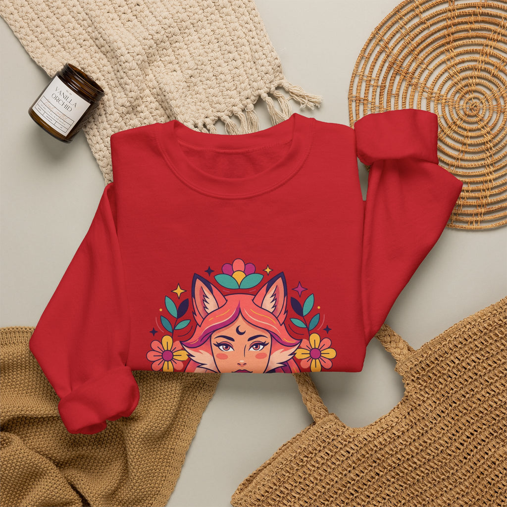 Fox Spirit Crewneck Sweatshirt — Floral Fox Woman Illustration