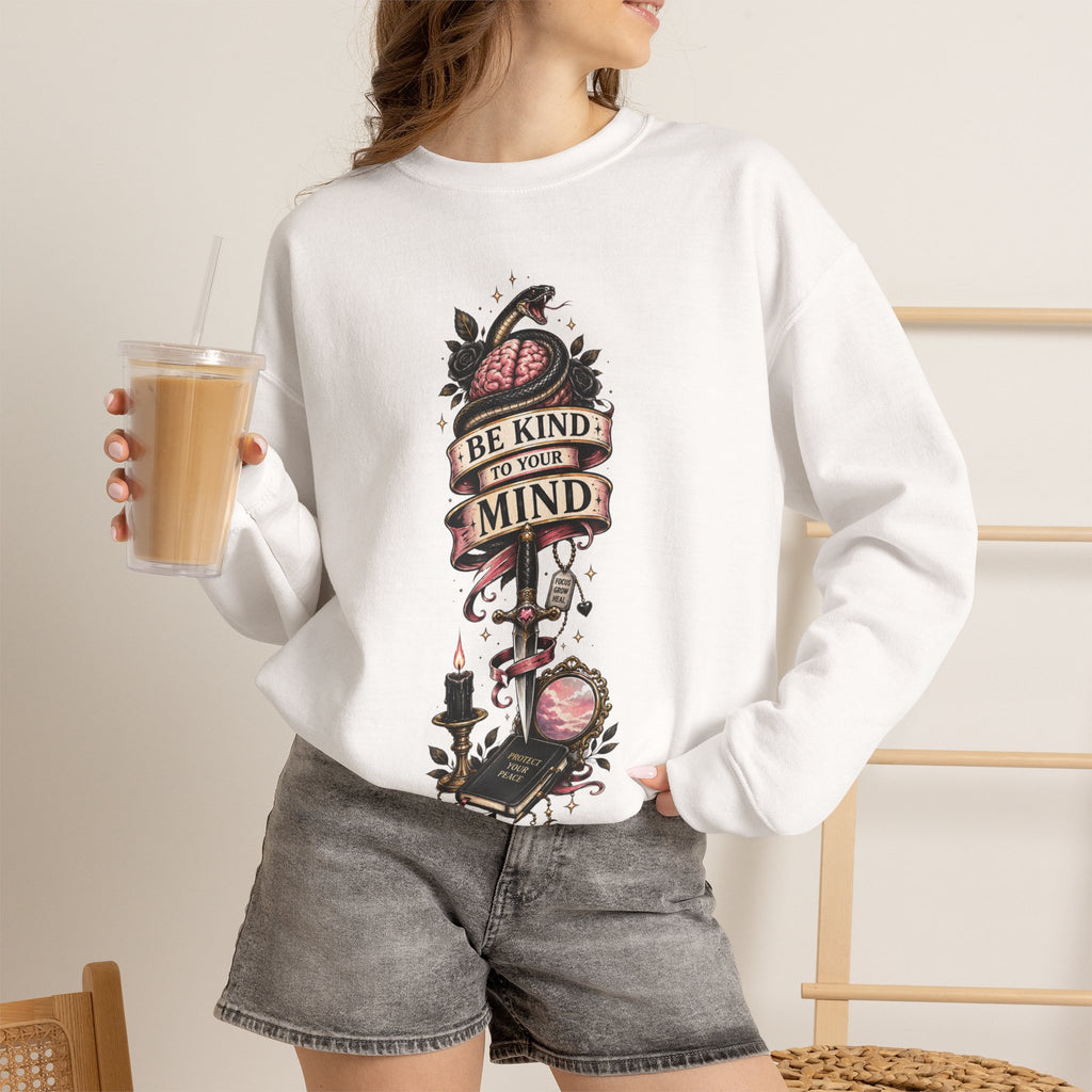 "Be Kind to Your Mind" Floral Tattoo Mental Health Design Crewneck Sweatshirt