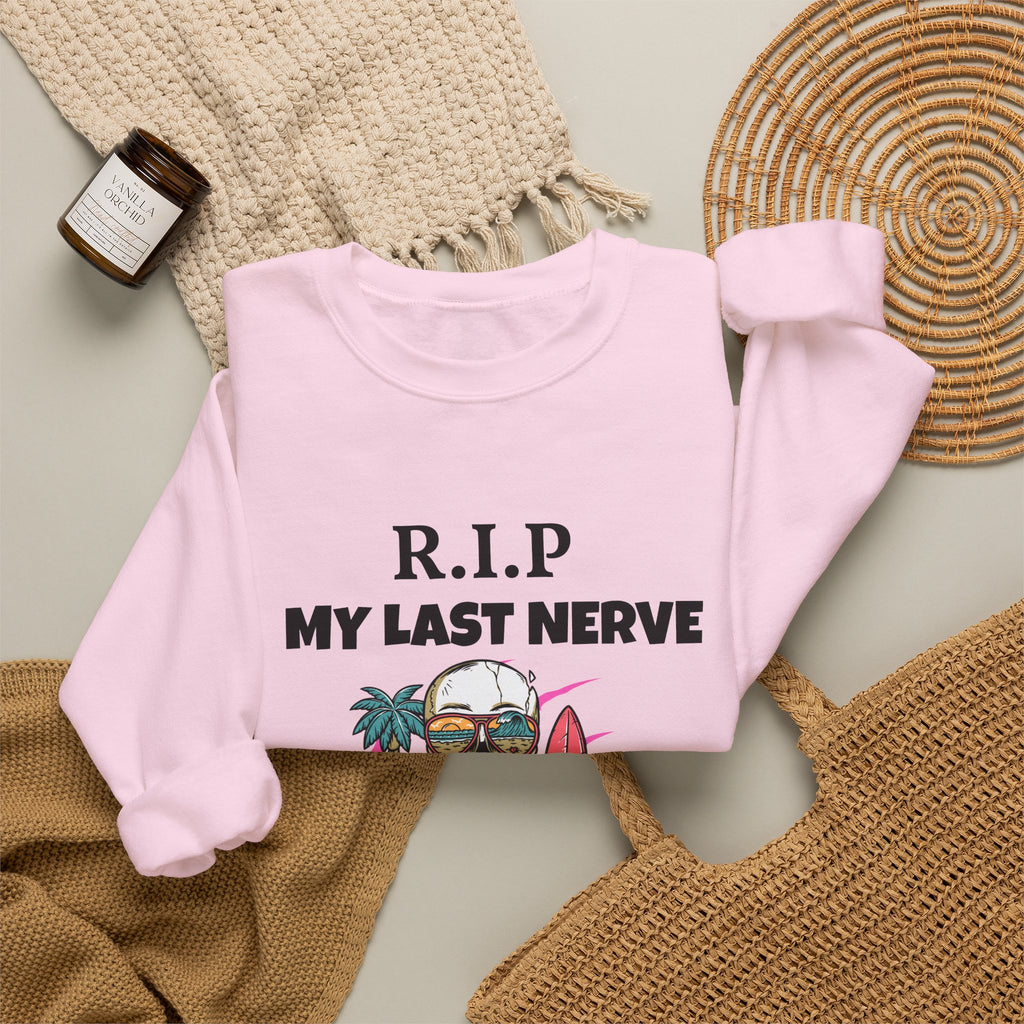 Sweatshirt — "R.I.P My Last Nerve" Skull Surf Graphic Crewneck