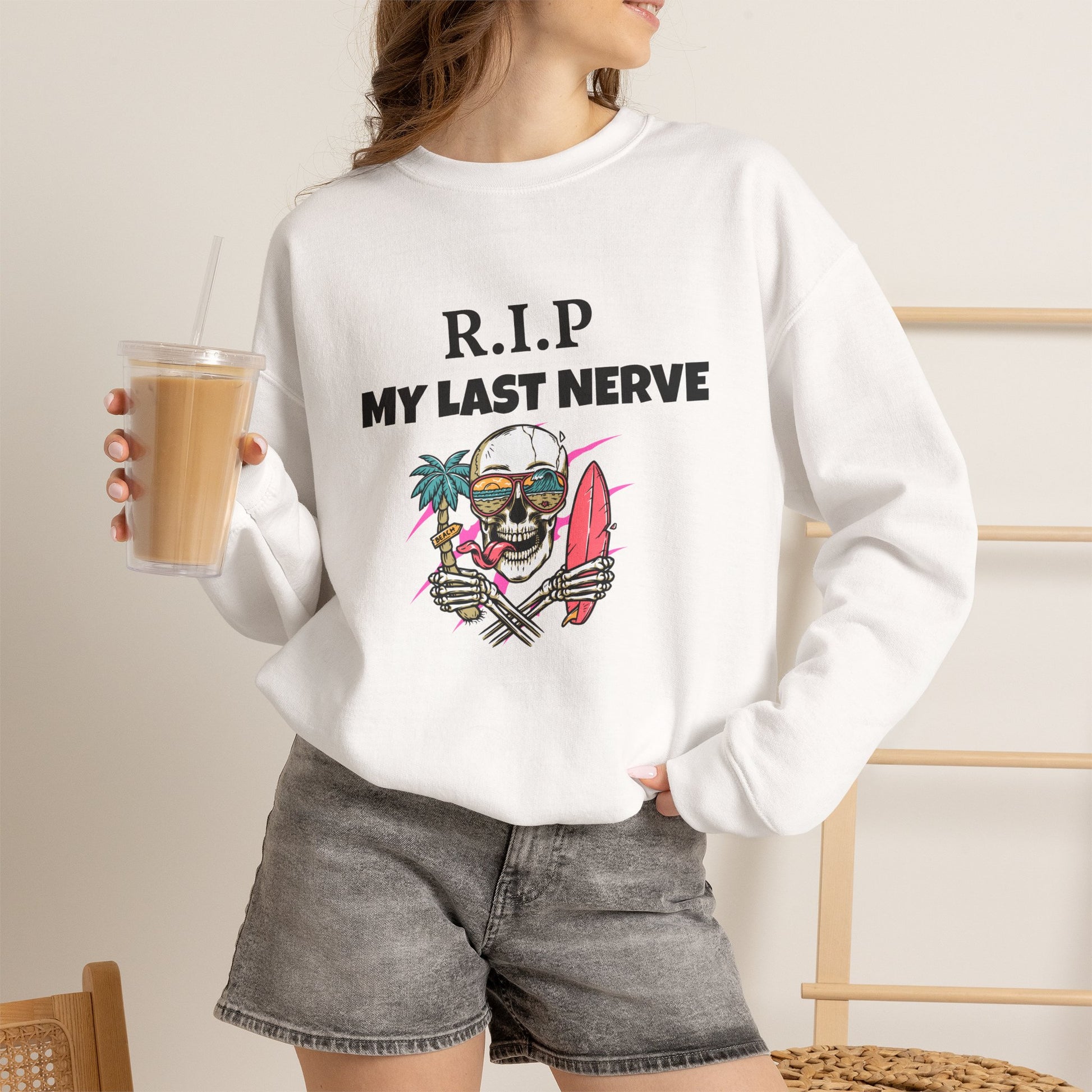 Sweatshirt — "R.I.P My Last Nerve" Skull Surf Graphic Crewneck