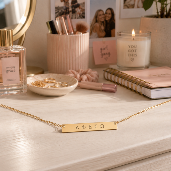 Greek Letters Bar Necklace – Sisterhood &amp; Friendship Gift | Minimalist Sorority Jewellery