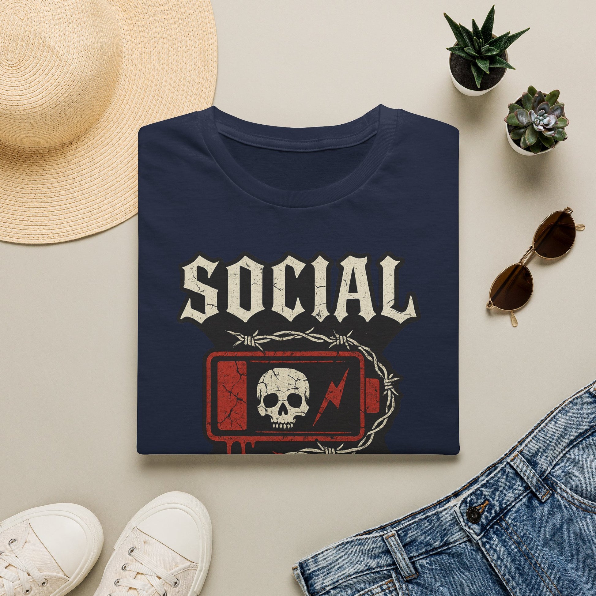Social Battery Unisex T‑Shirt — Skull Low Battery Graphic Tee