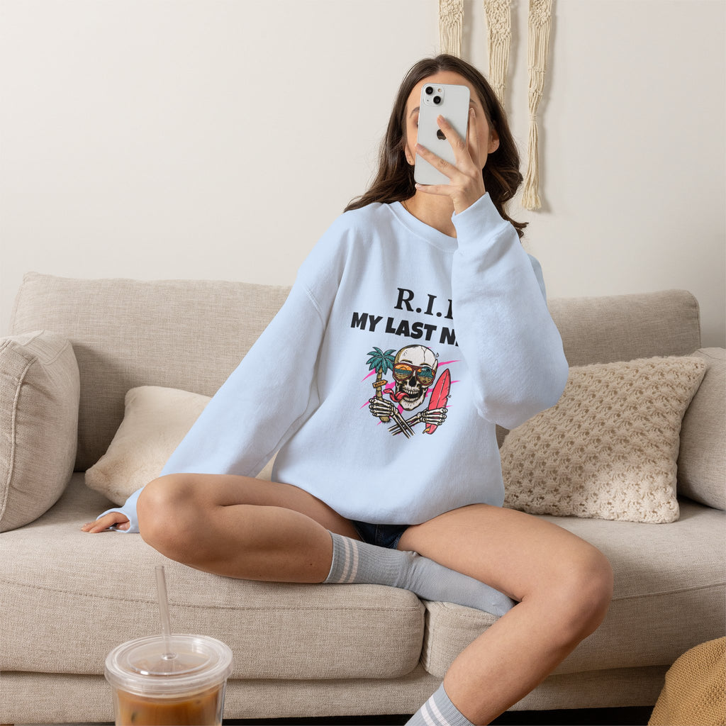 Sweatshirt — "R.I.P My Last Nerve" Skull Surf Graphic Crewneck