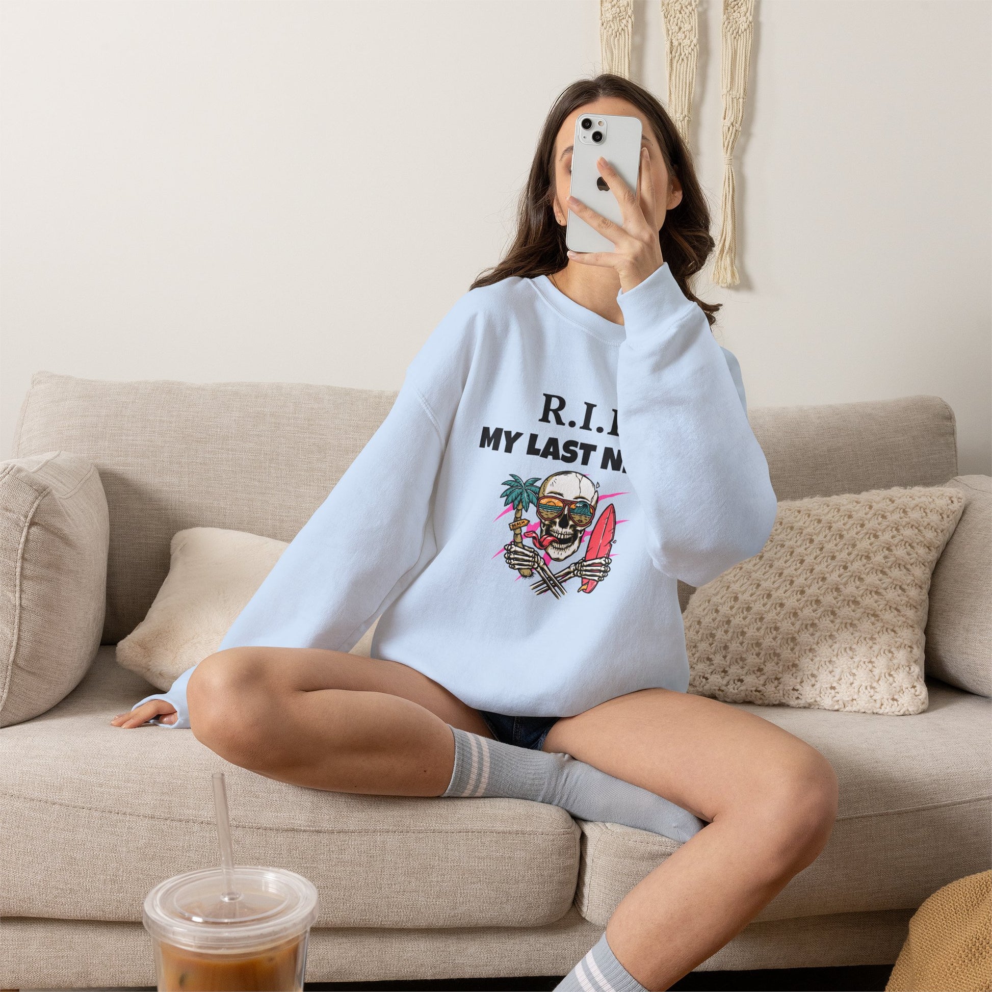 Sweatshirt — "R.I.P My Last Nerve" Skull Surf Graphic Crewneck