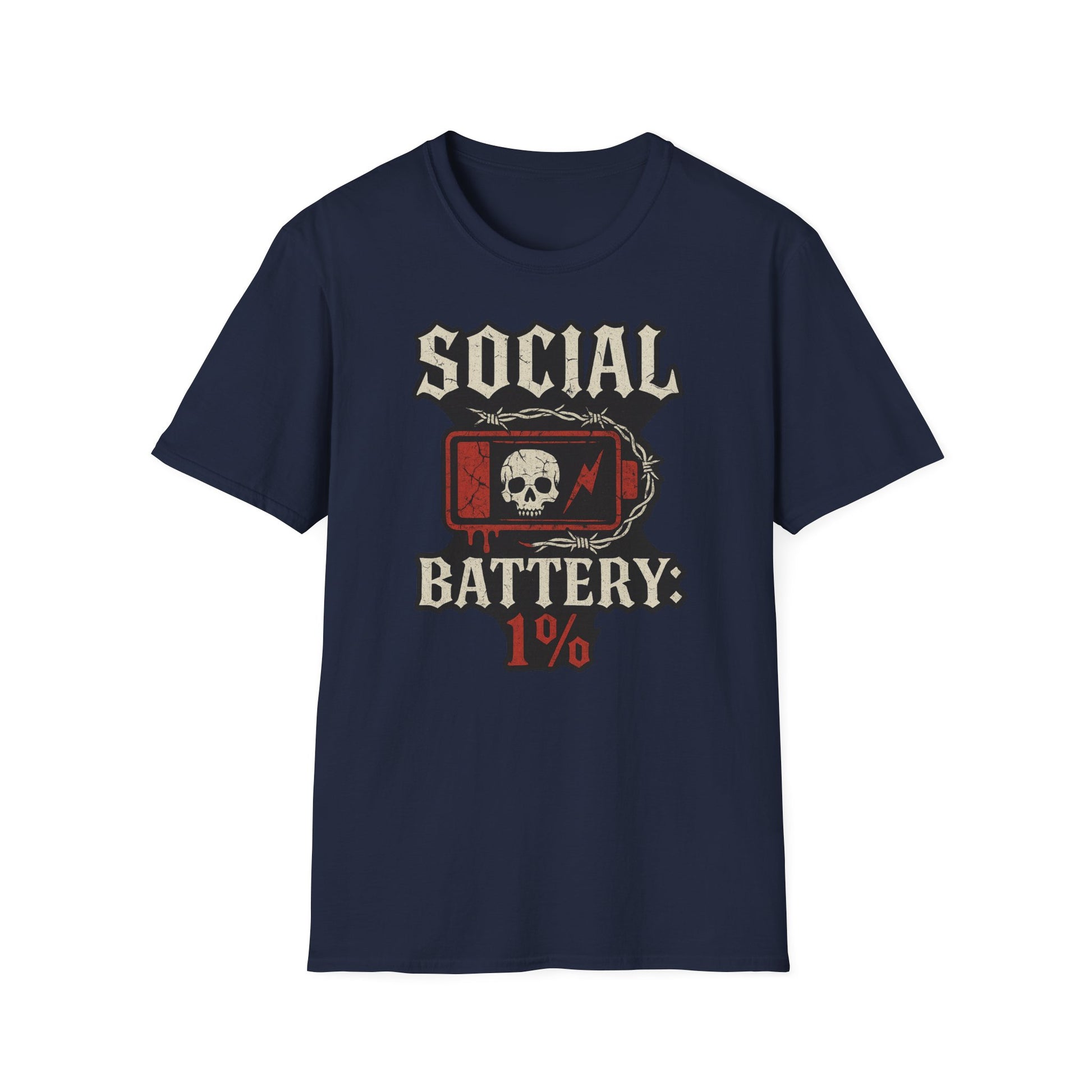 Social Battery Unisex T‑Shirt — Skull Low Battery Graphic Tee