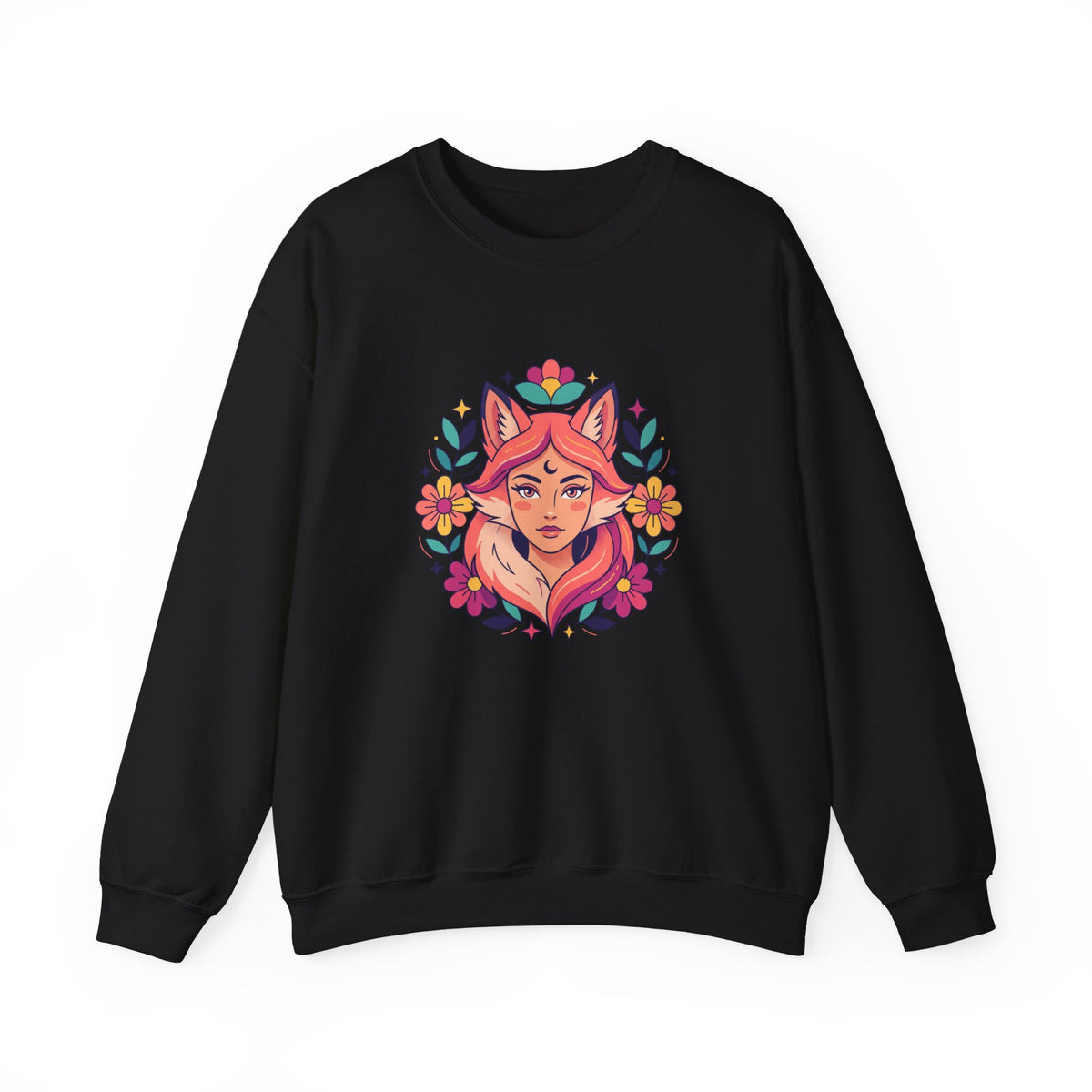 Fox Spirit Crewneck Sweatshirt — Floral Fox Woman Illustration