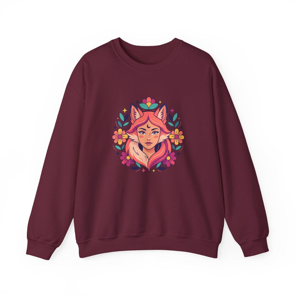 Fox Spirit Crewneck Sweatshirt — Floral Fox Woman Illustration