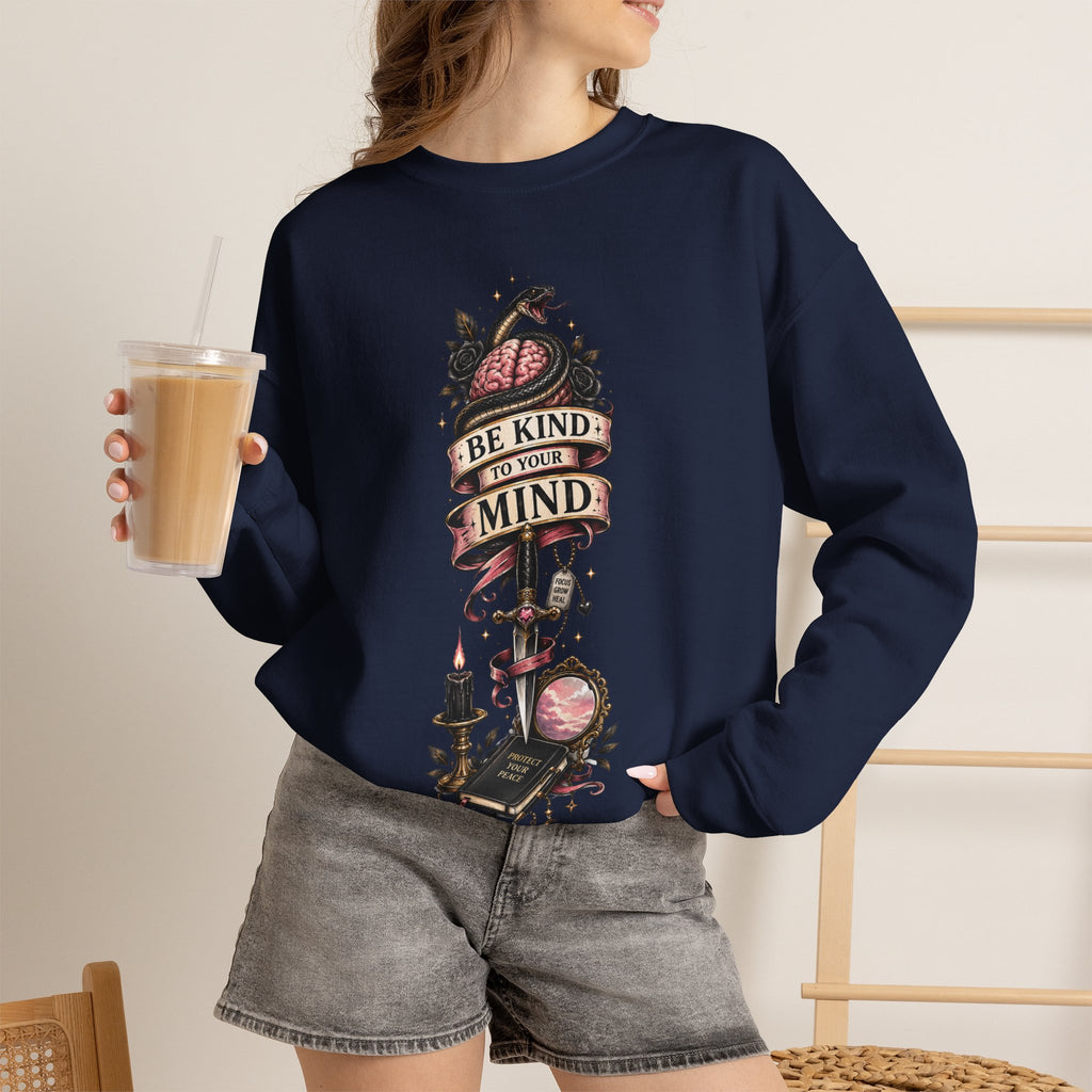 "Be Kind to Your Mind" Floral Tattoo Mental Health Design Crewneck Sweatshirt