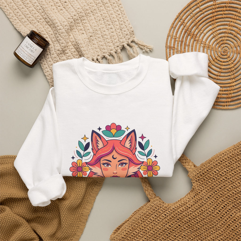 Fox Spirit Crewneck Sweatshirt — Floral Fox Woman Illustration