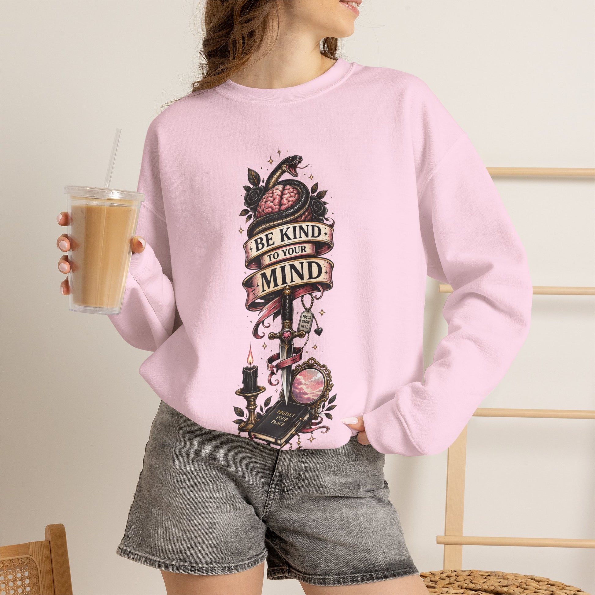 "Be Kind to Your Mind" Floral Tattoo Mental Health Design Crewneck Sweatshirt