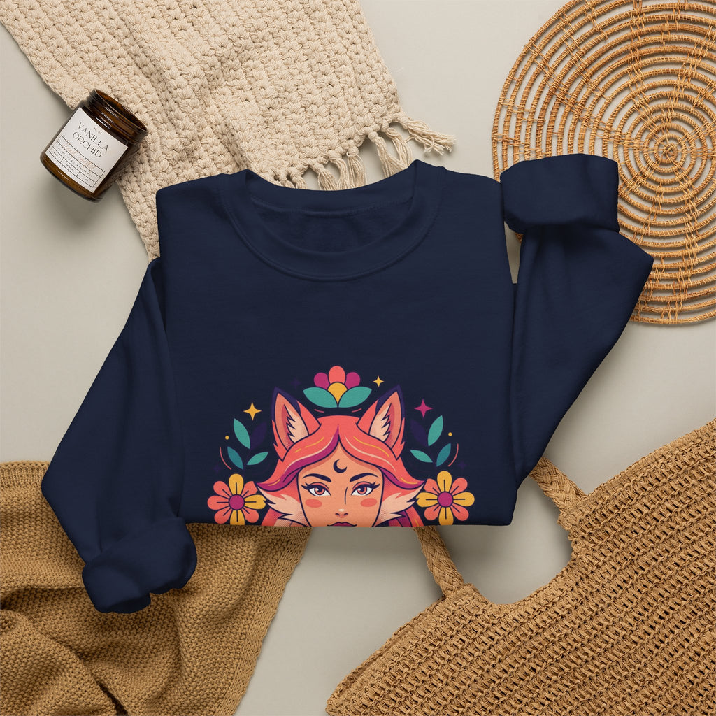 Fox Spirit Crewneck Sweatshirt — Floral Fox Woman Illustration