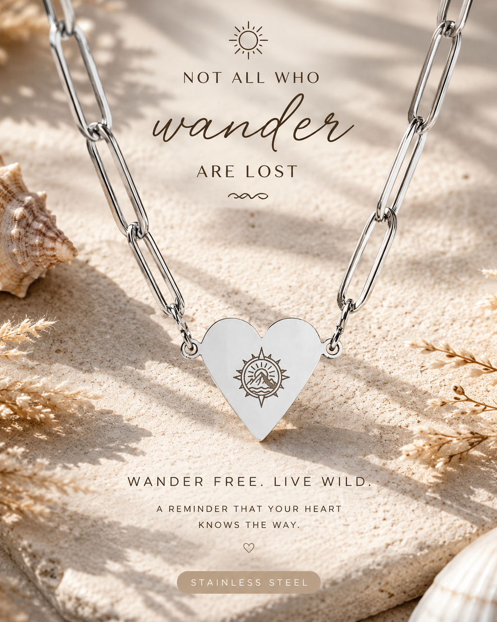 Wander Without Fear Paperclip Heart Necklace – Wanderlust Gift, Travel Lover Necklace, Ocean Inspired Jewellery, Adventure Heart Pendant, Gold, Rose Gold & Silver