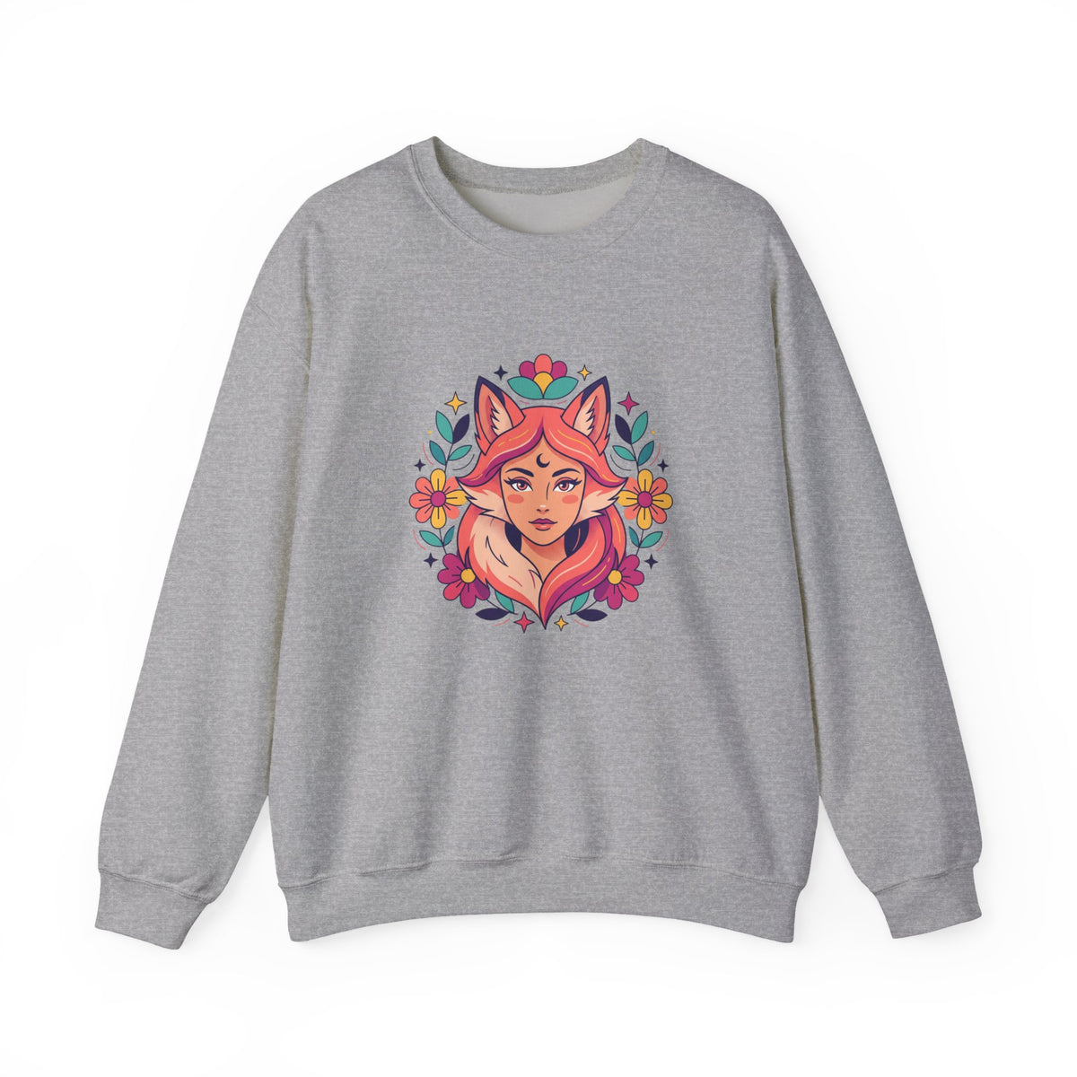 Fox Spirit Crewneck Sweatshirt — Floral Fox Woman Illustration