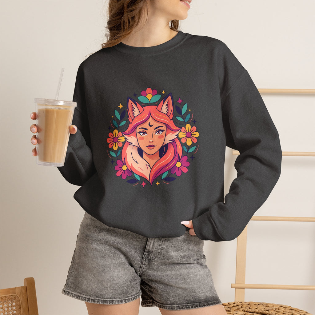 Fox Spirit Crewneck Sweatshirt — Floral Fox Woman Illustration