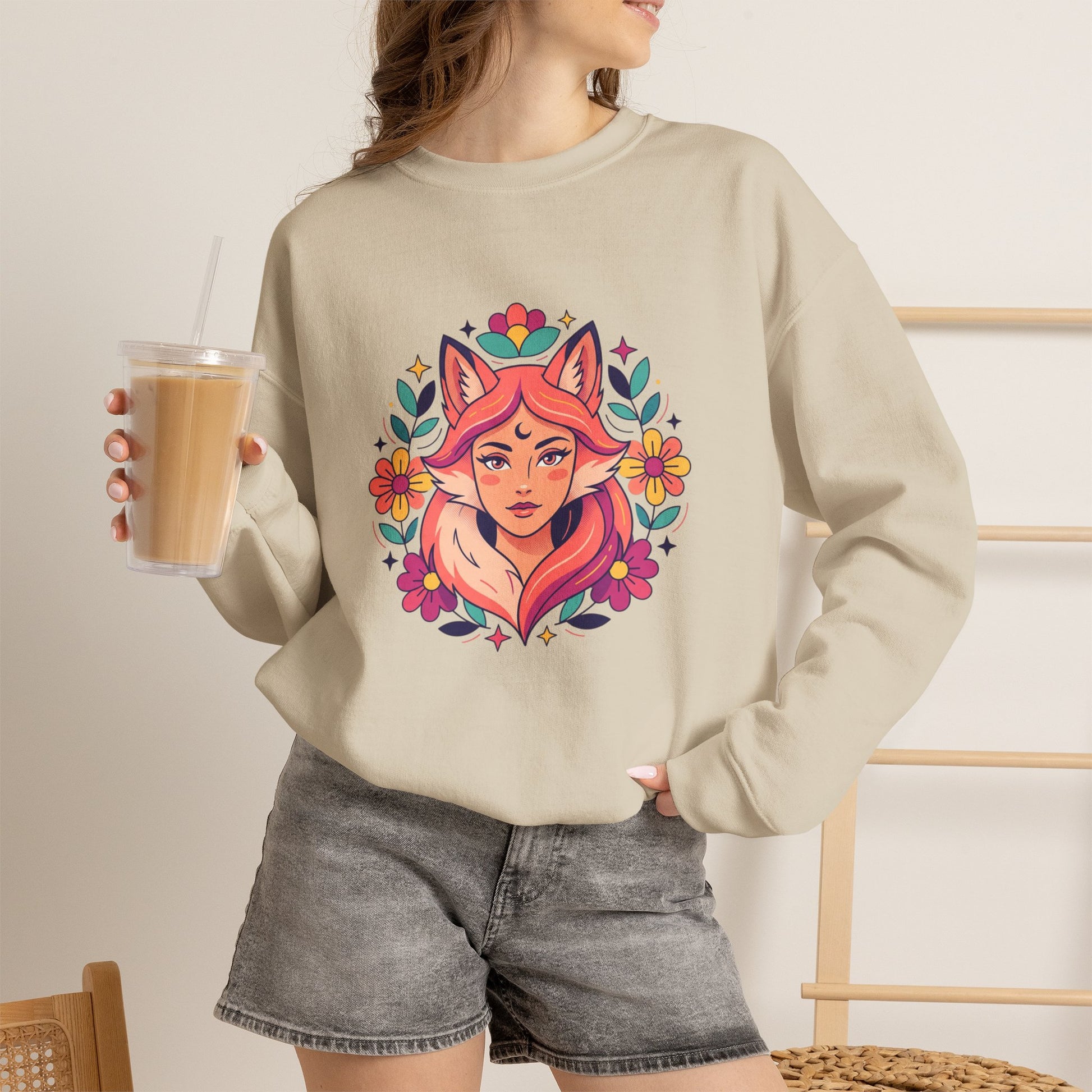 Fox Spirit Crewneck Sweatshirt — Floral Fox Woman Illustration