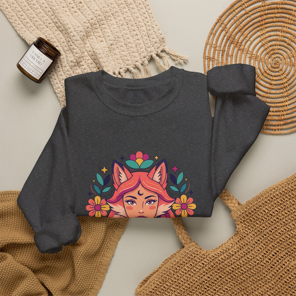 Fox Spirit Crewneck Sweatshirt — Floral Fox Woman Illustration